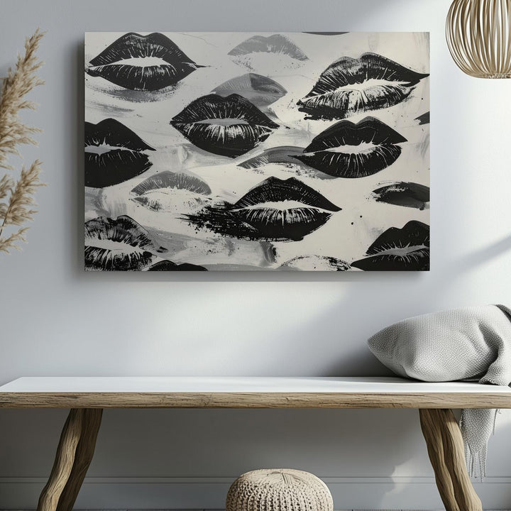 Black & White Kiss Prints Canvas – Bold Monochrome Lip Pattern Art - Gifitto