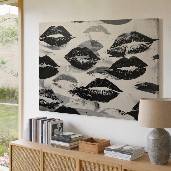 Black & White Kiss Prints Canvas – Bold Monochrome Lip Pattern Art - Gifitto