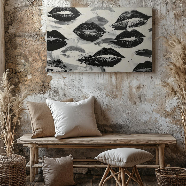 Black & White Kiss Prints Canvas – Bold Monochrome Lip Pattern Art - Gifitto