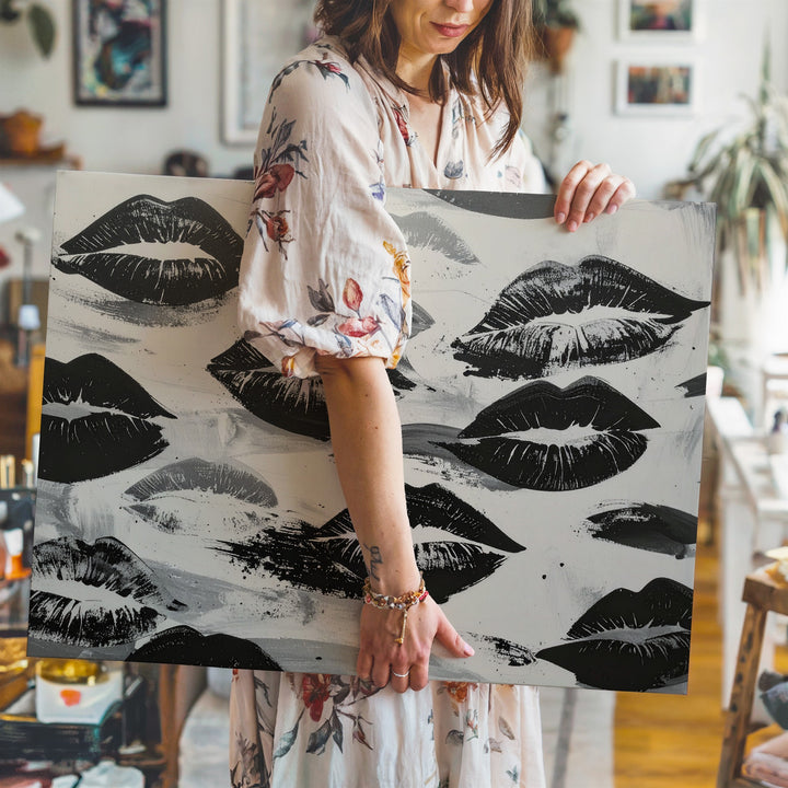 Black & White Kiss Prints Canvas – Bold Monochrome Lip Pattern Art - Gifitto