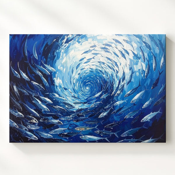 Dynamic Spiral School of Fish Canvas – Mesmerizing Ocean Motion Art