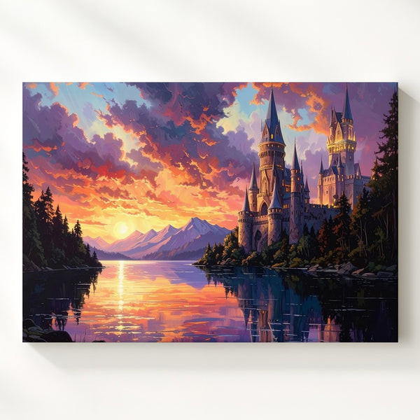 Majestic Castle at Sunset Canvas – Gothic Architecture Reflected in Tranquil Lake - Gifitto