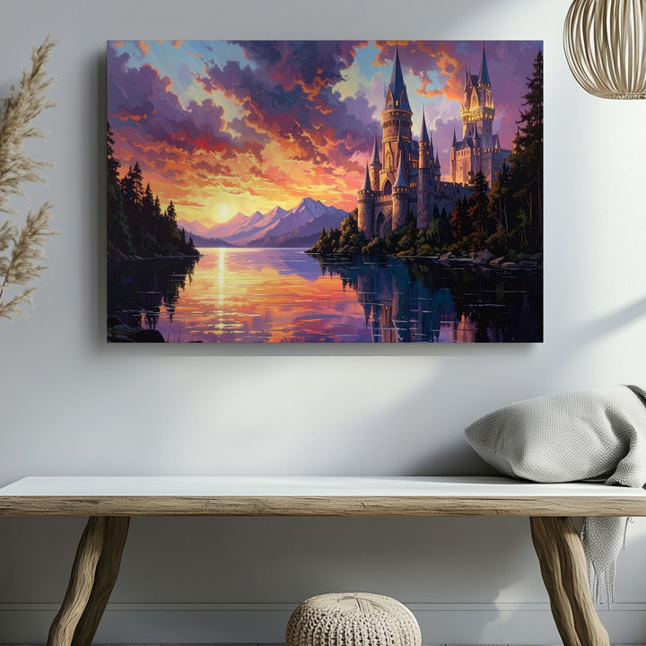 Majestic Castle at Sunset Canvas – Gothic Architecture Reflected in Tranquil Lake - Gifitto