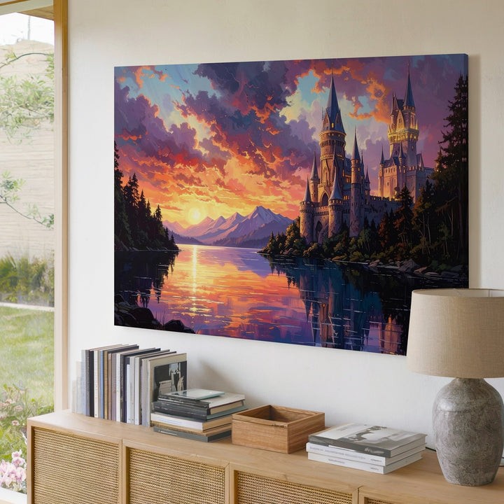 Majestic Castle at Sunset Canvas – Gothic Architecture Reflected in Tranquil Lake - Gifitto