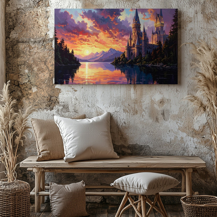 Majestic Castle at Sunset Canvas – Gothic Architecture Reflected in Tranquil Lake - Gifitto