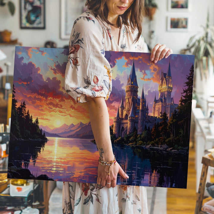 Majestic Castle at Sunset Canvas – Gothic Architecture Reflected in Tranquil Lake - Gifitto