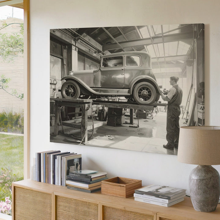 Vintage Restoration Garage Canvas – Sepia Automotive Heritage Wall Art - Gifitto