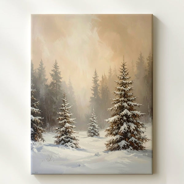 Minimalist Winter Forest Canvas – Snow-Covered Pines in Foggy Landscape