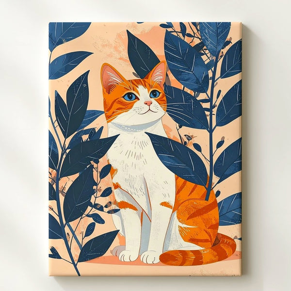 Elegant Orange Tabby Canvas – Modern Cat with Blue Botanical Leaves - Gifitto