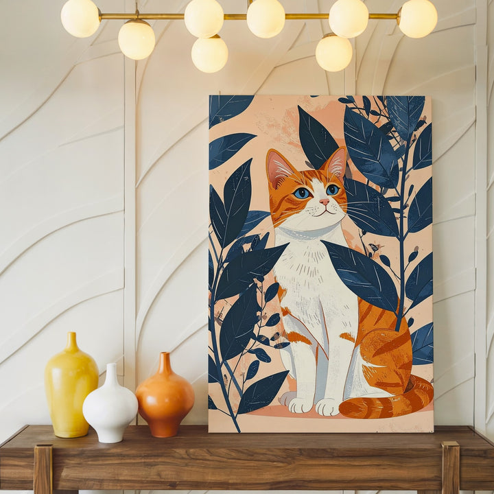 Elegant Orange Tabby Canvas – Modern Cat with Blue Botanical Leaves - Gifitto