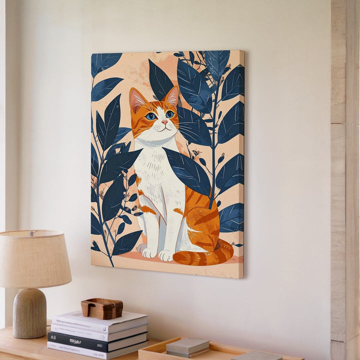 Elegant Orange Tabby Canvas – Modern Cat with Blue Botanical Leaves - Gifitto