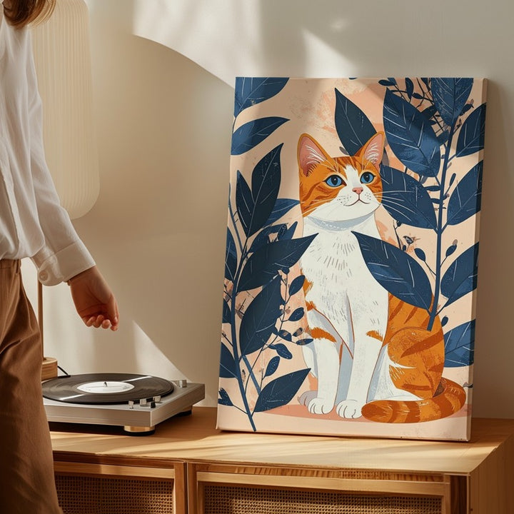 Elegant Orange Tabby Canvas – Modern Cat with Blue Botanical Leaves - Gifitto