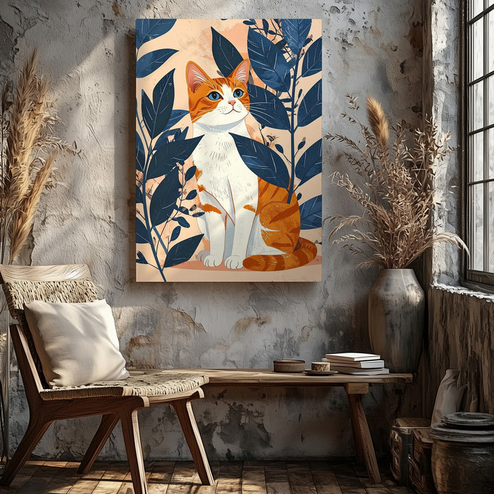 Elegant Orange Tabby Canvas – Modern Cat with Blue Botanical Leaves - Gifitto