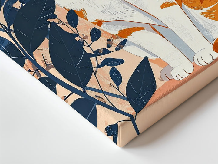 Elegant Orange Tabby Canvas – Modern Cat with Blue Botanical Leaves - Gifitto