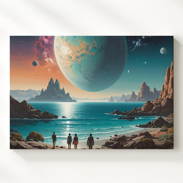 Alien Landscape Canvas – Two Figures on Rocky Coastline with Glowing Planet - Gifitto