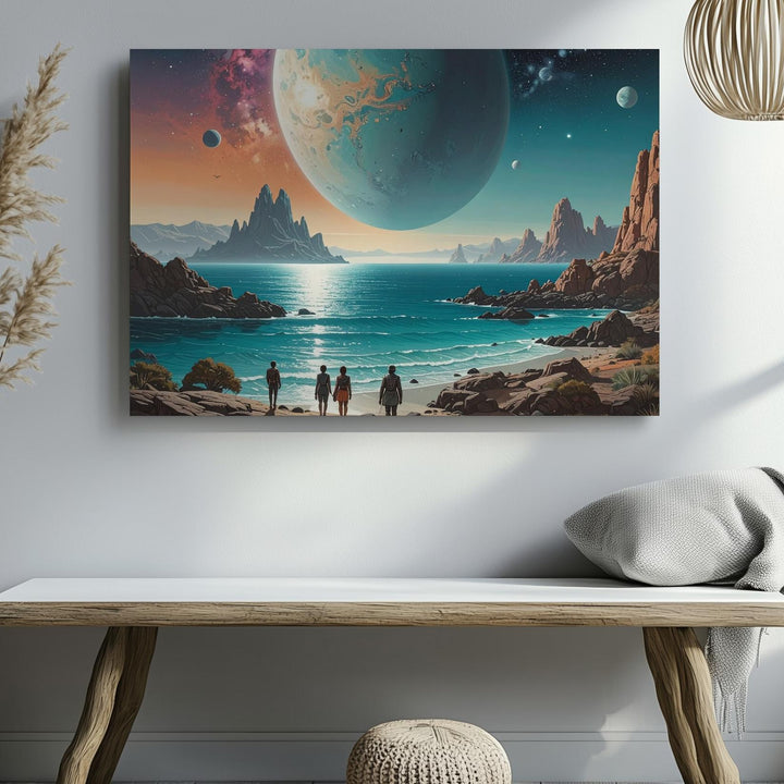 Alien Landscape Canvas – Two Figures on Rocky Coastline with Glowing Planet - Gifitto