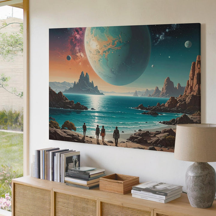 Alien Landscape Canvas – Two Figures on Rocky Coastline with Glowing Planet - Gifitto