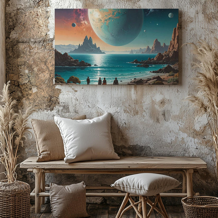 Alien Landscape Canvas – Two Figures on Rocky Coastline with Glowing Planet - Gifitto
