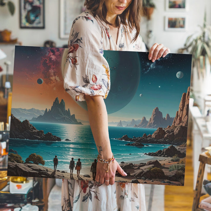 Alien Landscape Canvas – Two Figures on Rocky Coastline with Glowing Planet - Gifitto