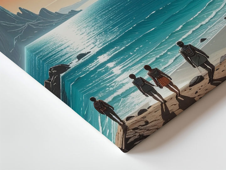 Alien Landscape Canvas – Two Figures on Rocky Coastline with Glowing Planet - Gifitto