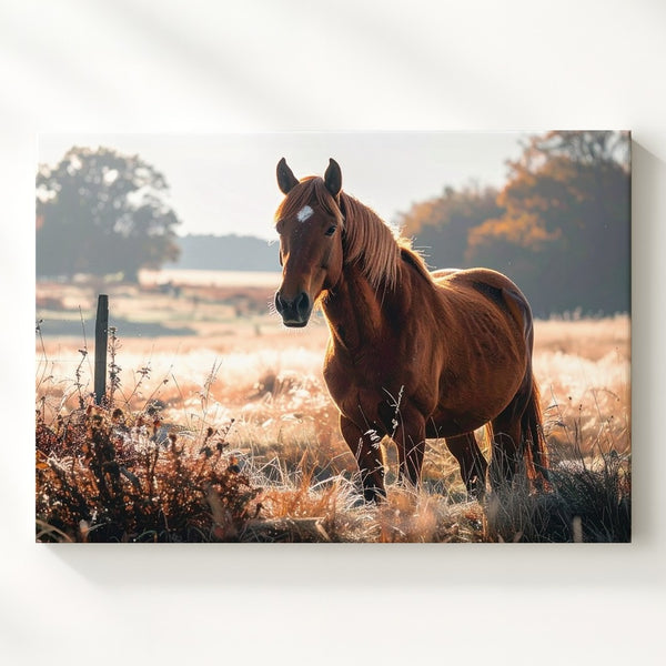 Chestnut Horse in Sunlit Field Canvas – Serene Equestrian Photography Art - Gifitto