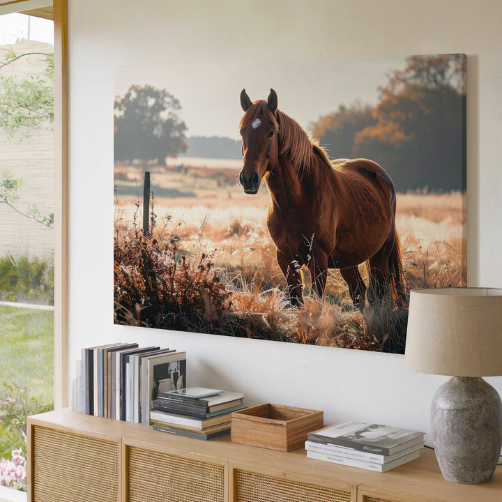 Chestnut Horse in Sunlit Field Canvas – Serene Equestrian Photography Art - Gifitto