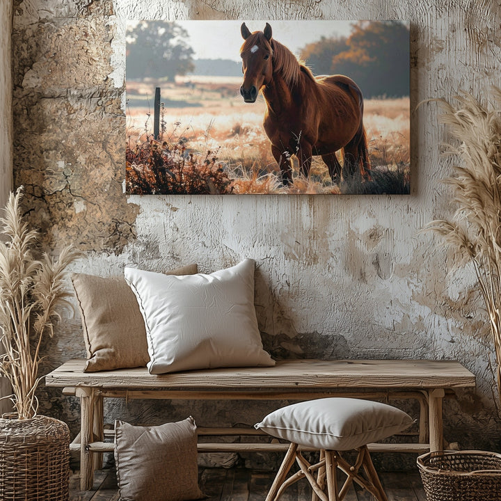 Chestnut Horse in Sunlit Field Canvas – Serene Equestrian Photography Art - Gifitto