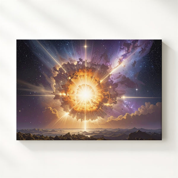 Golden Cosmic Explosion Canvas – Radiant Starburst with Nebulous Glow - Gifitto
