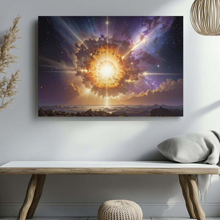 Golden Cosmic Explosion Canvas – Radiant Starburst with Nebulous Glow - Gifitto