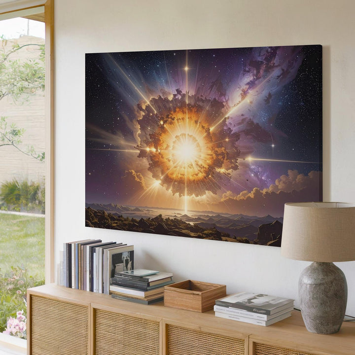 Golden Cosmic Explosion Canvas – Radiant Starburst with Nebulous Glow - Gifitto