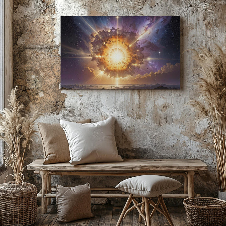 Golden Cosmic Explosion Canvas – Radiant Starburst with Nebulous Glow - Gifitto
