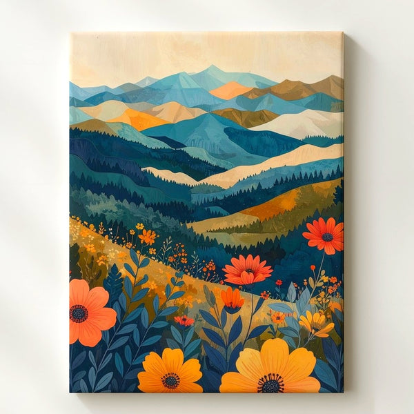 Geometric Floral Landscape Canvas – Vibrant Mountain & Flower Art - Gifitto