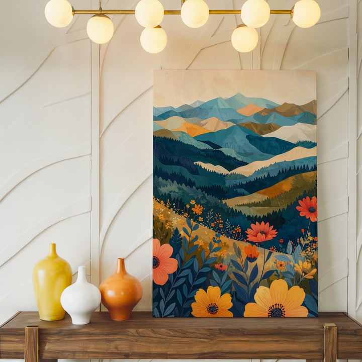 Geometric Floral Landscape Canvas – Vibrant Mountain & Flower Art - Gifitto