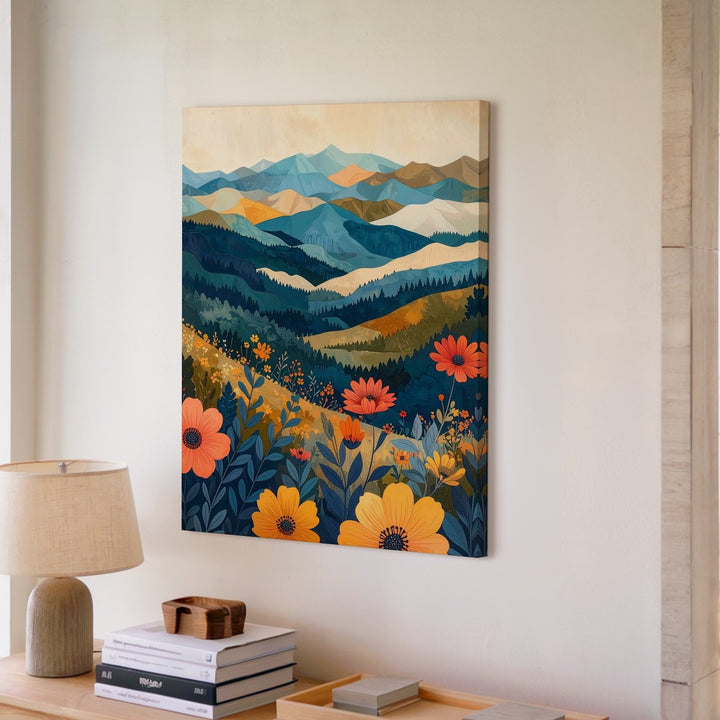 Geometric Floral Landscape Canvas – Vibrant Mountain & Flower Art - Gifitto