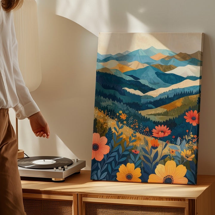 Geometric Floral Landscape Canvas – Vibrant Mountain & Flower Art - Gifitto