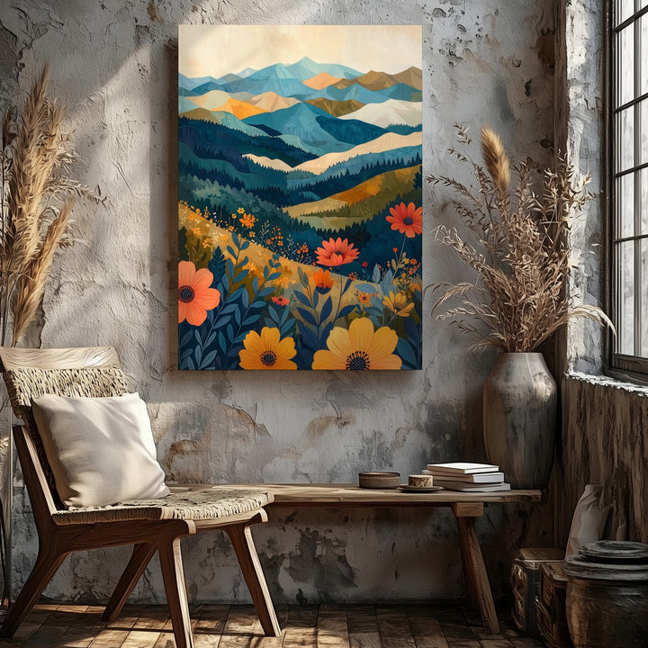 Geometric Floral Landscape Canvas – Vibrant Mountain & Flower Art - Gifitto