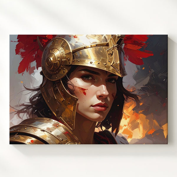 Crimson Valor Canvas – Fierce Female Warrior in Bronze Battle Helm - Gifitto