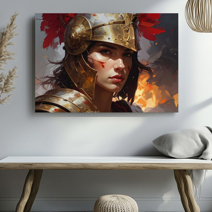 Crimson Valor Canvas – Fierce Female Warrior in Bronze Battle Helm - Gifitto