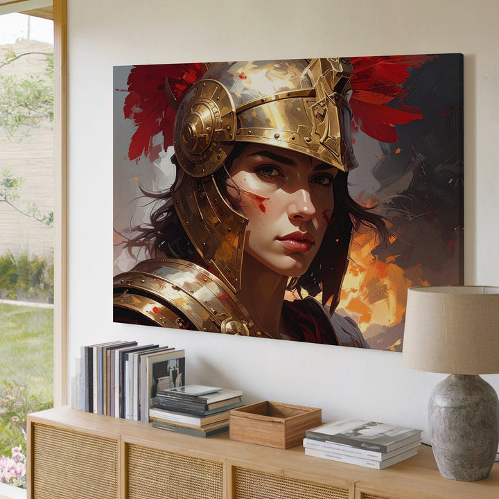 Crimson Valor Canvas – Fierce Female Warrior in Bronze Battle Helm - Gifitto