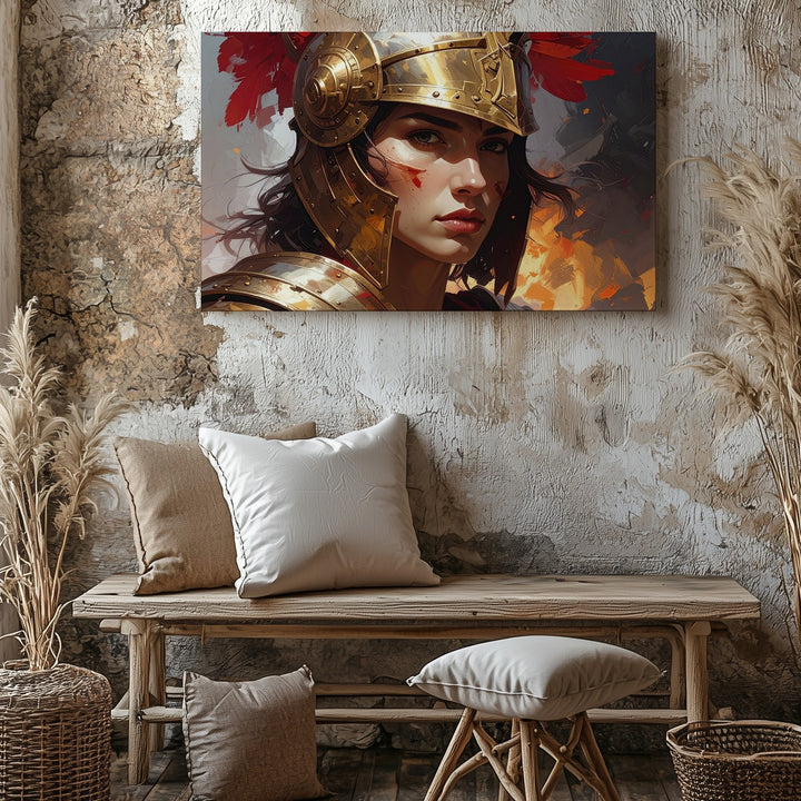 Crimson Valor Canvas – Fierce Female Warrior in Bronze Battle Helm - Gifitto