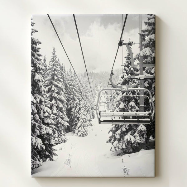 Black and White Ski Lift Canvas – Dramatic Winter Forest Journey
