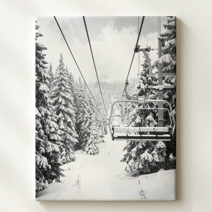 Black and White Ski Lift Canvas – Dramatic Winter Forest Journey - Gifitto
