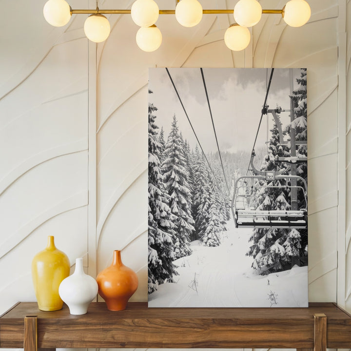 Black and White Ski Lift Canvas – Dramatic Winter Forest Journey - Gifitto