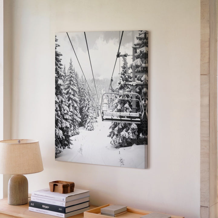 Black and White Ski Lift Canvas – Dramatic Winter Forest Journey - Gifitto