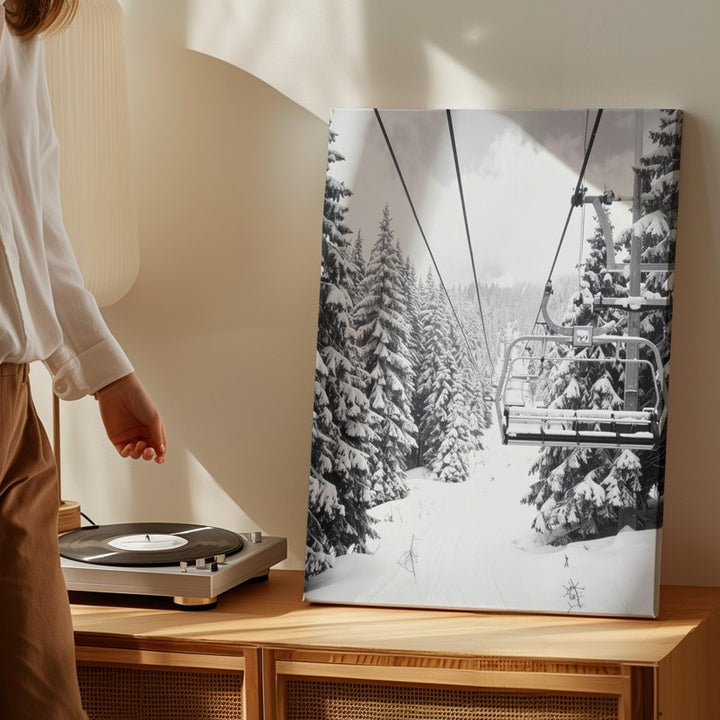 Black and White Ski Lift Canvas – Dramatic Winter Forest Journey - Gifitto