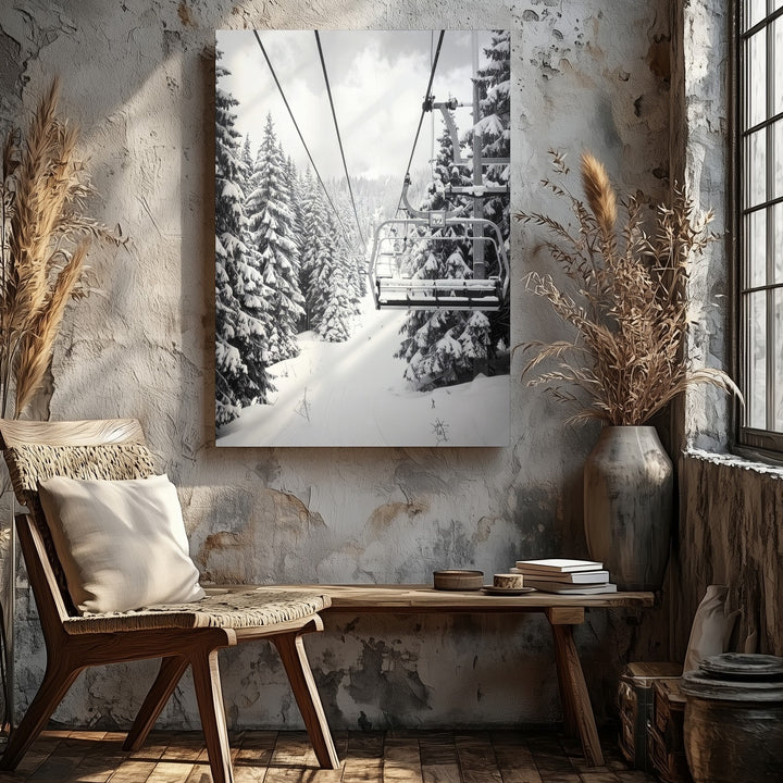 Black and White Ski Lift Canvas – Dramatic Winter Forest Journey - Gifitto