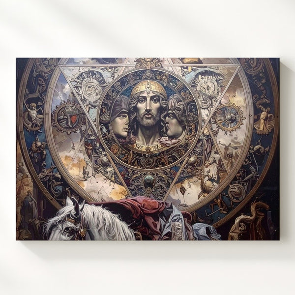 Medieval Sigil and Prophecy Canvas – Ethereal Faces, Cloaked Figure, and Arcane Symbols - Gifitto