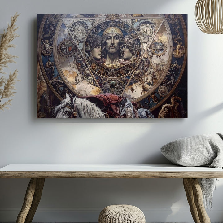 Medieval Sigil and Prophecy Canvas – Ethereal Faces, Cloaked Figure, and Arcane Symbols - Gifitto
