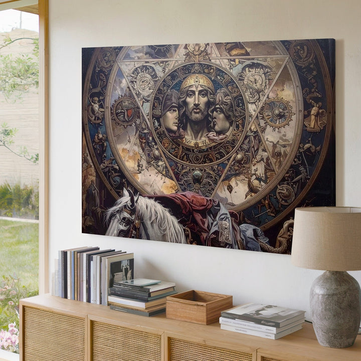 Medieval Sigil and Prophecy Canvas – Ethereal Faces, Cloaked Figure, and Arcane Symbols - Gifitto