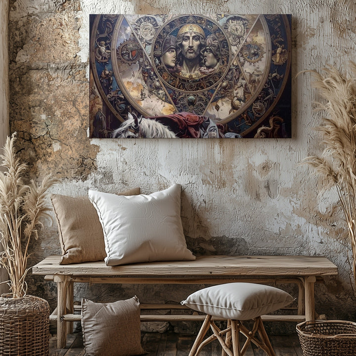 Medieval Sigil and Prophecy Canvas – Ethereal Faces, Cloaked Figure, and Arcane Symbols - Gifitto